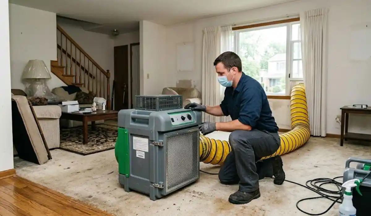 Technician running an air scrubber and ozone treatment unit for fire and smoke odor removal in an Islip home