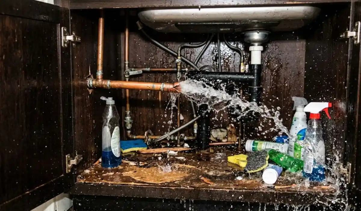 Close-up of a burst supply line during active water extraction in an East Islip Cape Cod home