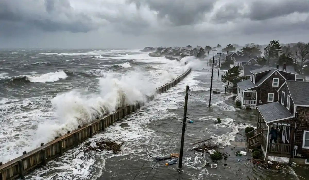 Coastal storm surge along a South Shore waterfront near Bay Shore and Islip, NY
