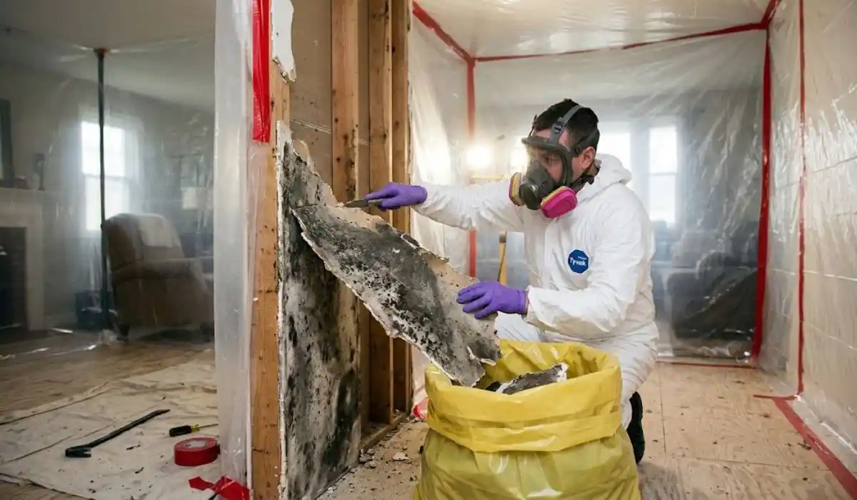 Technician in a full containment suit mid-remediation, isolating a mold-affected work area
