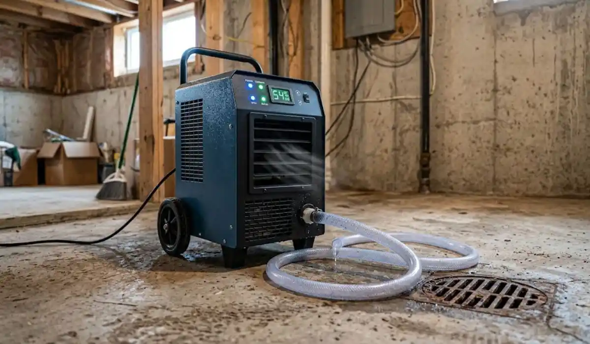 Commercial dehumidifier running in a basement during professional structural drying in Islip, NY