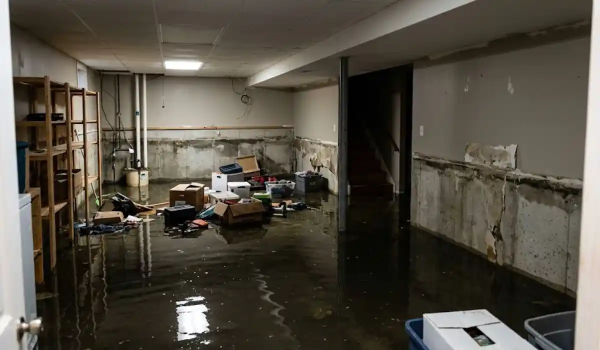 Flooded residential basement with a visible water line, similar to South Shore basements after Superstorm Sandy