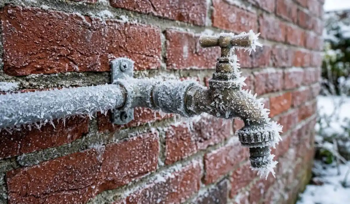 Frost and ice on an exposed exterior pipe, a common cause of burst pipes during Long Island freeze-thaw cycles