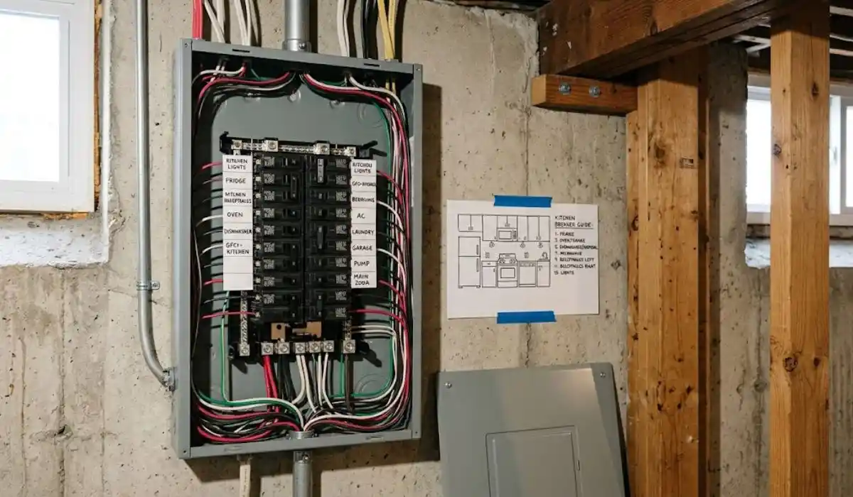 Residential kitchen and electrical panel, a common source of house fires addressed by fire damage restoration