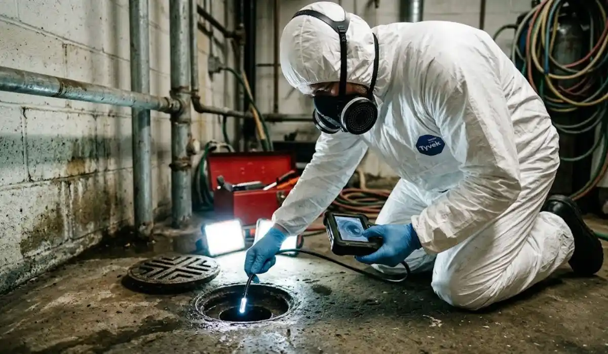 Technician in full PPE working at a floor drain during a Category 3 sewage backup cleanup in Suffolk County