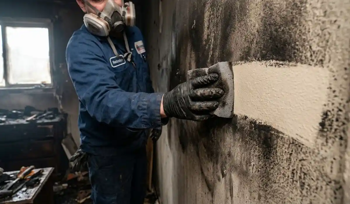 Soot-covered interior wall being cleaned during a soot cleanup job in Islip, NY