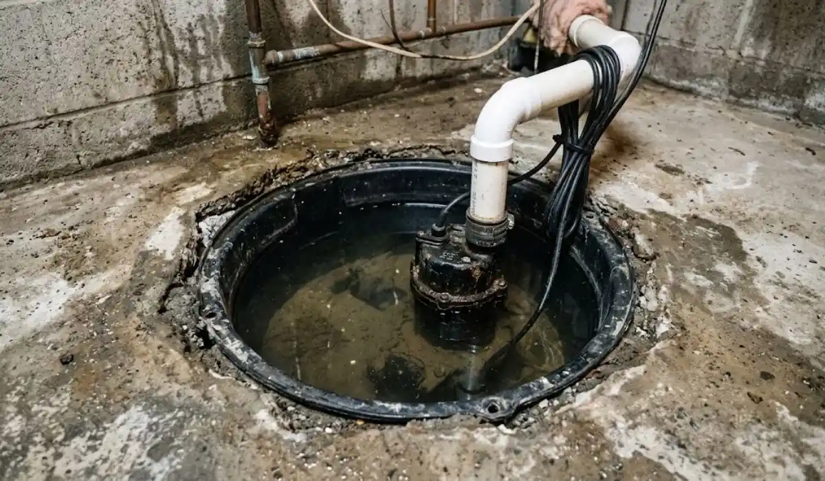 Basement sump pit and sump pump equipment used to prevent basement flooding in Islip, NY homes