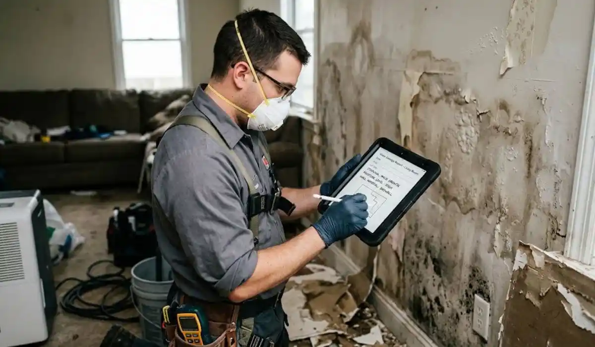Restoration technician documenting water damage on a tablet for an insurance claim in Islip, NY