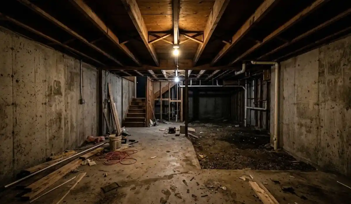 Unfinished basement interior with dim lighting, the kind of space prone to flooring water damage in Islip homes