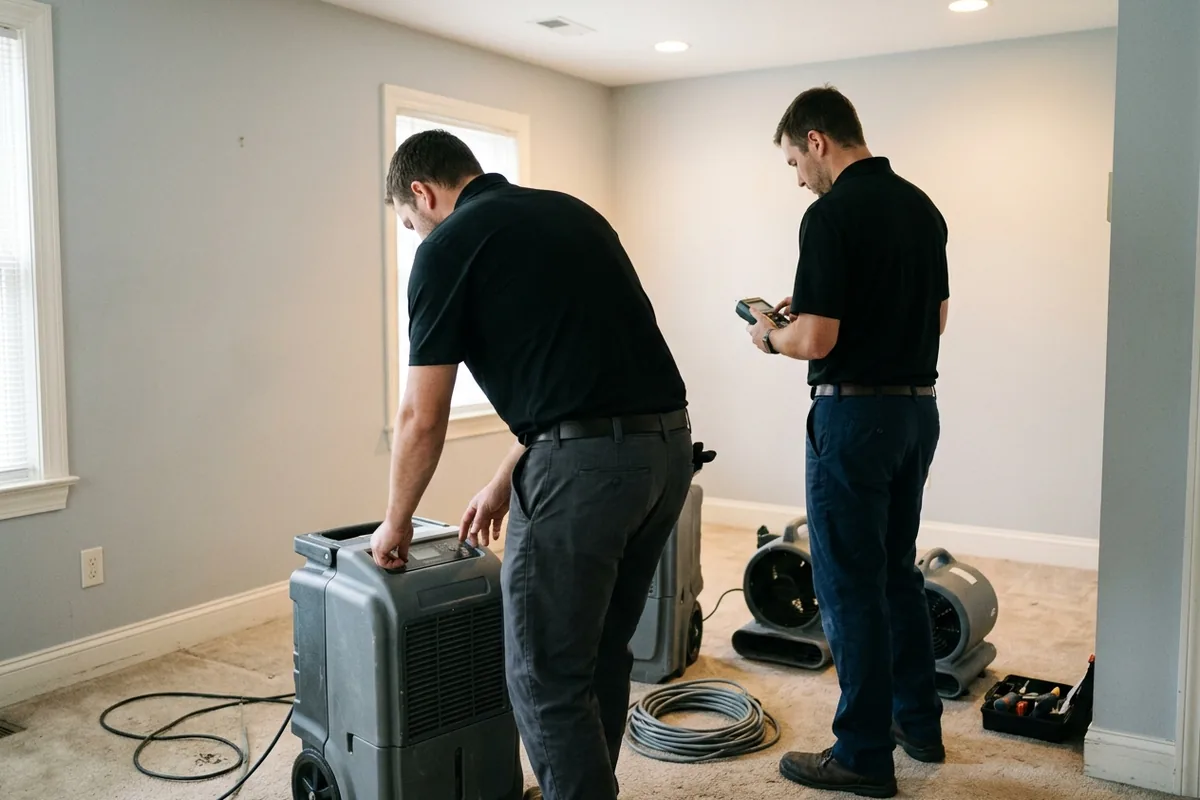 Islip Water Damage Pros technicians setting up dehumidifiers and air movers during a water damage restoration job